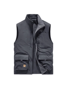 Men's dark grey multi-pocket fleece-lined vest with stand collar for outdoor warmth