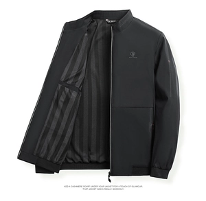 Detailed view of black business jacket with stand collar, metal zipper and striped lining