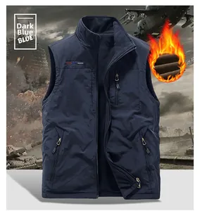 Detail of dark blue men outdoor vest with thick fleece lining and durable zippers