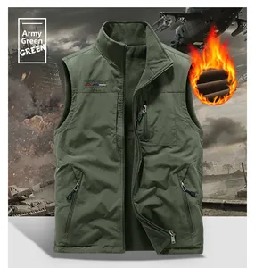 Detail of army green fleece-lined vest with embroidered text and military style textures