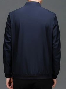 Men's navy blue casual business jacket with stand collar and ribbed hem back view
