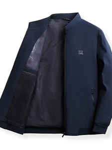 Men's navy blue casual stand collar jacket with ribbed cuffs and geometric lining