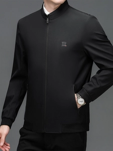 Men's business casual black jacket with a stand collar and ribbed cuffs for spring
