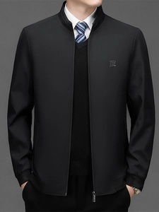 Men's business casual stand collar jacket in black with TB embroidery and zip closure