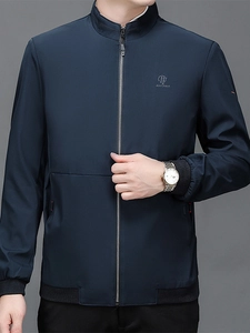 Men Business Casual Jacket Stand Collar Windproof Lightweight Jacket Solid Color Zip Up Outerwear Ribbed Cuff Coat