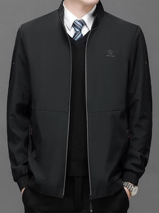 Classic black business casual jacket with a stand collar and ribbed cuffs for men