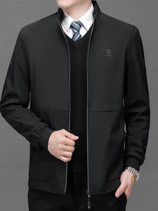 Classic black business casual jacket for men with a standing collar and ribbed cuffs