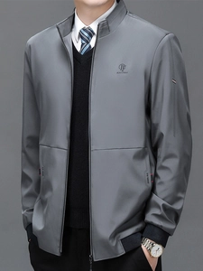 Men's business casual dark grey stand collar jacket with embroidered logo and zip front
