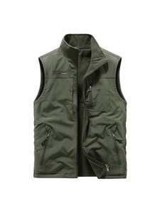 Men's thermal fleece lined outdoor vest in army green with multi-zippered pockets