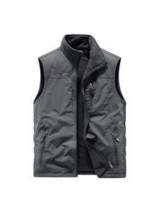 Mens reversible winter fleece vest with warm stand collar and multi-pocket design
