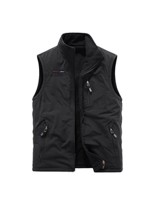 Men's black fleece-lined outdoor sports vest with stand collar and zipper pockets