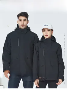 Detail of 3-in-1 waterproof hiking jacket with detachable hood and windproof fabric