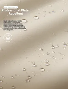 Macro view of waterproof technical fabric with water droplets on beige outdoor jacket surface