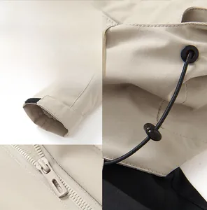 Close-up of windproof fabric with adjustable velcro cuffs and high-quality zipper details