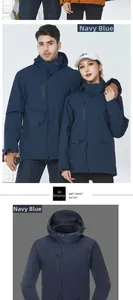 Detail view of navy blue 3-in-1 waterproof hiking jacket with adjustable velcro cuffs