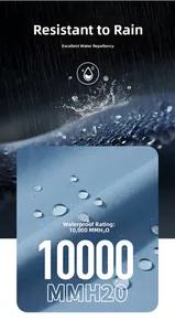Détail du tissu imperméable avec indice 10000mm et gouttes d'eau sur veste de randonnée