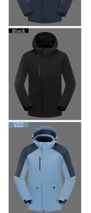 Outdoor 3-in-1 waterproof jacket with hood and multiple pockets in black and blue