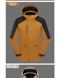 Detailed view of ginger yellow outdoor windbreaker featuring waterproof hood and zip pockets