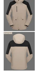 Front and back dual view of waterproof khaki hiking jacket with hood and black patches