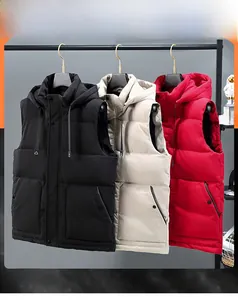 Three men's winter hooded vests in black, cream, and red with warm padded design