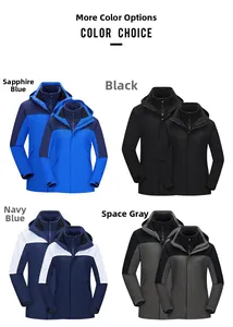Detail view of 3-in-1 waterproof jackets in sapphire blue, black, navy, and space gray