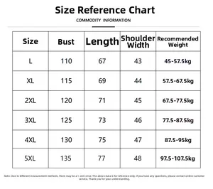 Detailed size chart for hooded cotton vest with bust and length measurements from L to 5XL