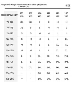 Detailed size guide table with height and weight recommendations for outdoor jacket sizing