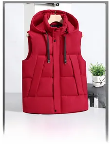 Detail of red hooded puffer vest with silver snap buttons and black drawstrings