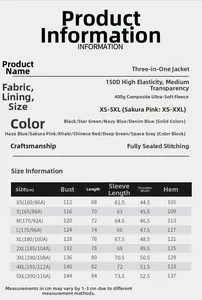 Tableau des tailles détaillé pour la veste 3-en-1 imperméable avec dimensions