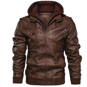 Detail view of brown PU biker jacket featuring detachable hood and ribbed cuffs design