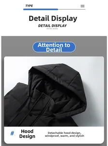 Detail view of the detachable windproof hood on this winter padded vest for men