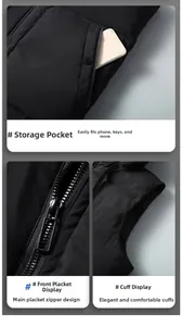 Detail view of winter vest featuring smooth metal zipper and large side pockets
