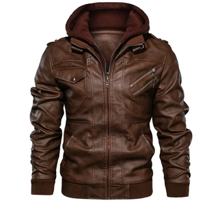 Detail of vintage brown leather jacket with detachable hood and multi-pocket design
