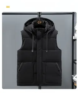 Detail view of black padded hooded vest with drawstring, snap buttons and large side pockets