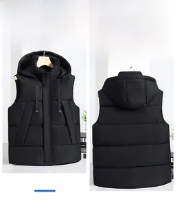 Front and back view of a black hooded puffer vest with horizontal quilting and drawstrings