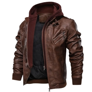 Detail of vintage brown PU leather biker jacket with removable burgundy hood and rib knit trim