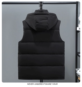 Detail view of black hooded padded vest featuring windproof fabric and horizontal quilting