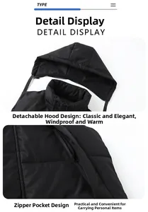 Detail view of winter black puffer vest with detachable hood and secure zipper pockets