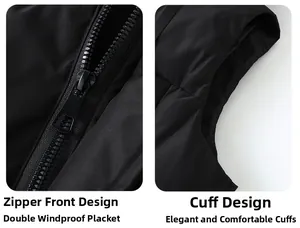 Detail of black puffer vest featuring double windproof placket and zippered closure design