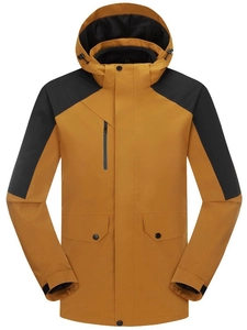 Waterproof 3-in-1 outdoor jacket in mustard yellow and black with hood for hiking