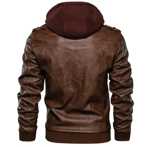 Rear view of brown vintage motorcycle PU jacket featuring a detachable burgundy hood