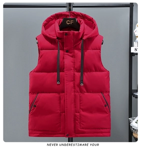 Detailed view of red padded hooded vest with zipper closure and large utility pockets
