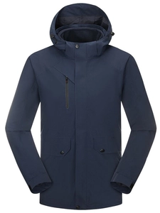 Navy blue hooded waterproof outdoor jacket with functional pockets and adjustable drawstrings