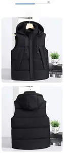 Front and back views of a black hooded quilted vest with zipper and side pockets