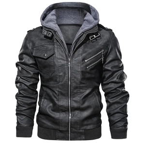 Detail of black motorcycle faux leather jacket featuring a grey detachable hood and zippers