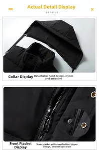 Detail of winter puffer vest with detachable hood and zipper snap button closure