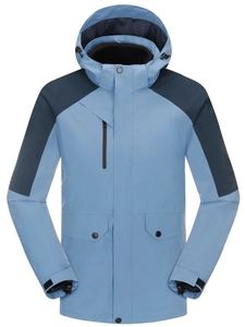 Waterproof 3-in-1 outdoor jacket in blue colorblock with adjustable hood and zip pockets