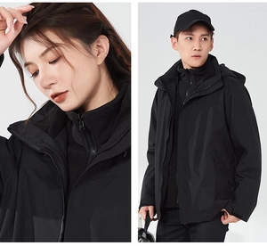 Detail of 3-in-1 waterproof hiking jacket with removable fleece lining and hooded collar