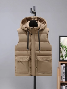 Gilet à capuche kaki pour homme, rembourré et épais avec double fermeture pour l'hiver