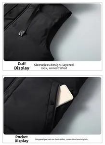 Close-up of black padded vest featuring secure zipper closure and side snap pockets